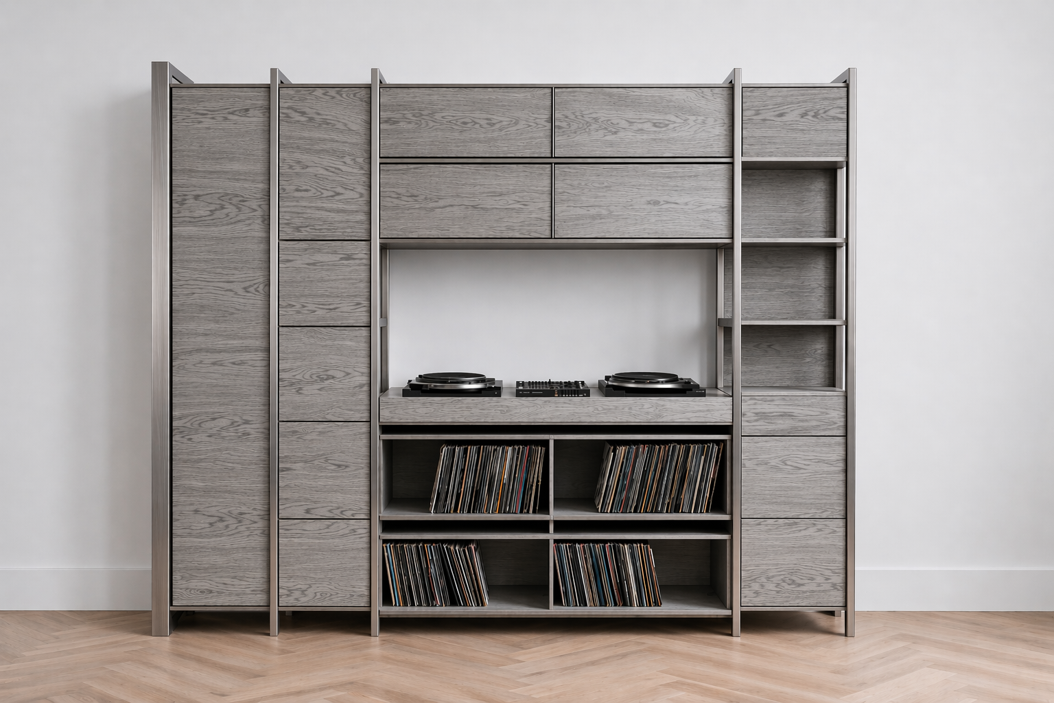 Bespoke audio furniture studio wall — ash veneer and steel, Sky Lab Bangkok
